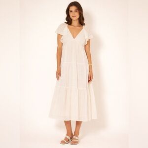BILA77 Benecia Dress Gardenia White Maxi‎ NWT Boho Tiered Flutter Sleeve Size M